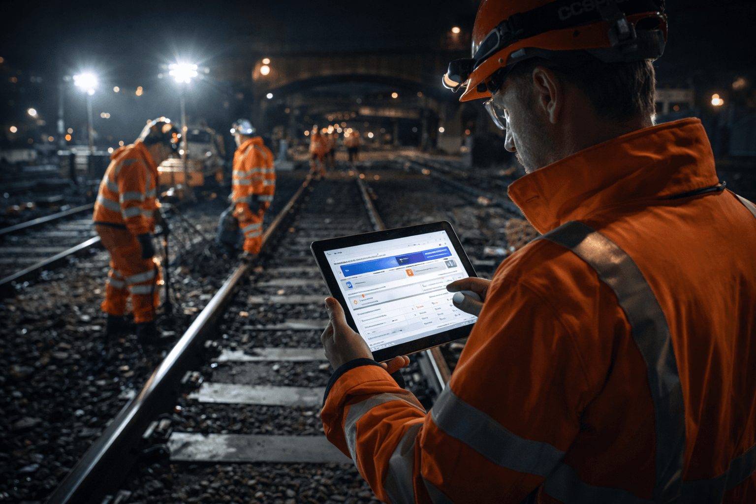Railway worker using digital tools on site